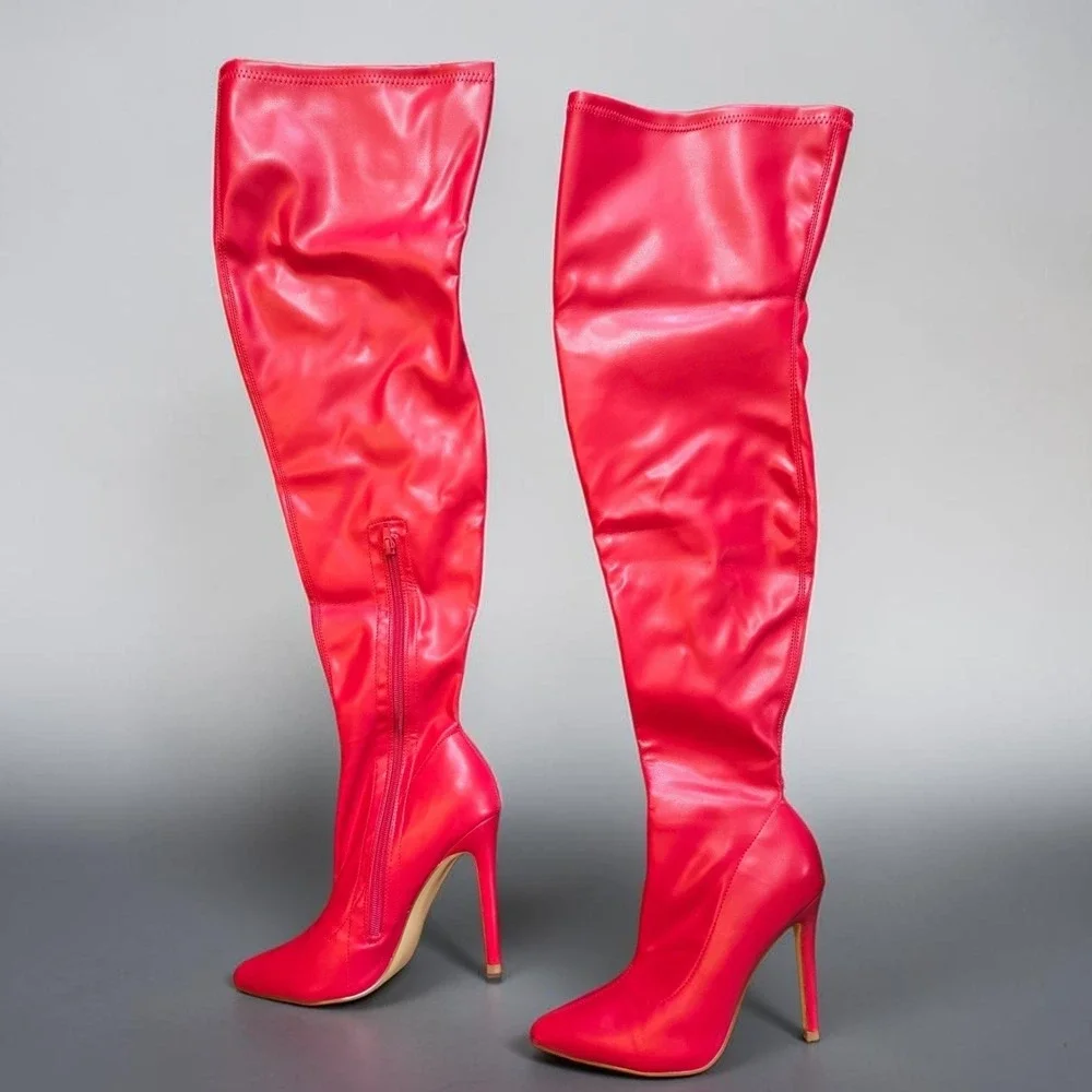 Fashion Nova Red Faux Leather Thigh High Stiletto Boots Pointed Toe Womens Sz 9